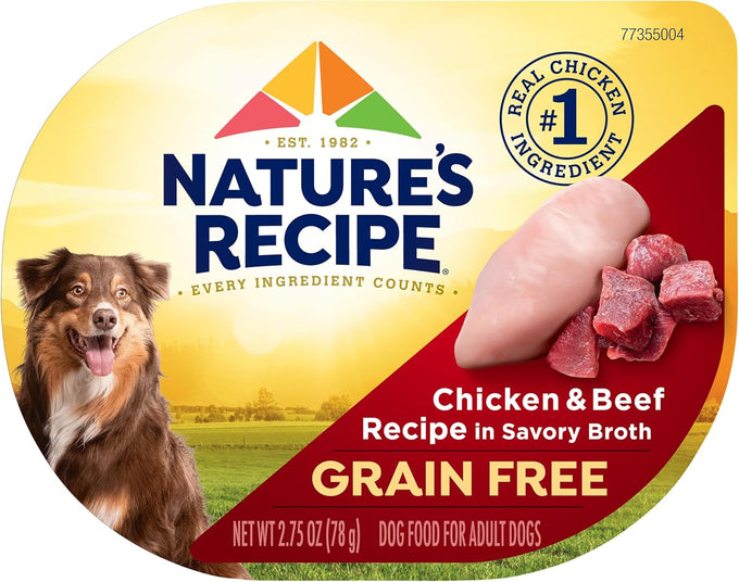 Nature's Recipe grain free, 2.75 oz, 12-count wet dog food with chicken as main ingredient