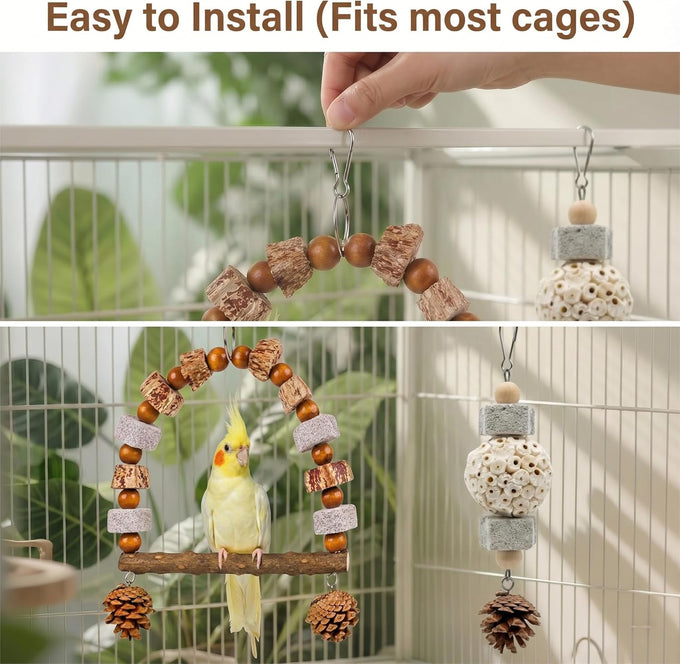 2 Pack Natural Bird Toys Set Arch Wood Swing Sola Ball, Cage Accessories for Cockatiel Conure Parakeets