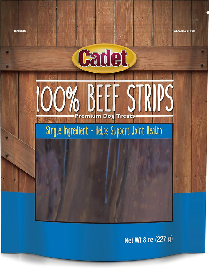 Cadet 100% Beef Strips Dog Treats, Single Ingredient, High Protein Rawhide Alternative for Small & Large Dogs, 8 Ounce