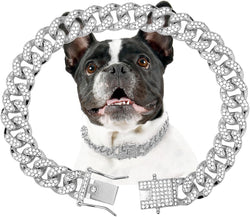 Silver 13mm Wide Metal Dog Chain Collar with Zirconia Diamond Decoration, 10 Inch, Not Adjustable