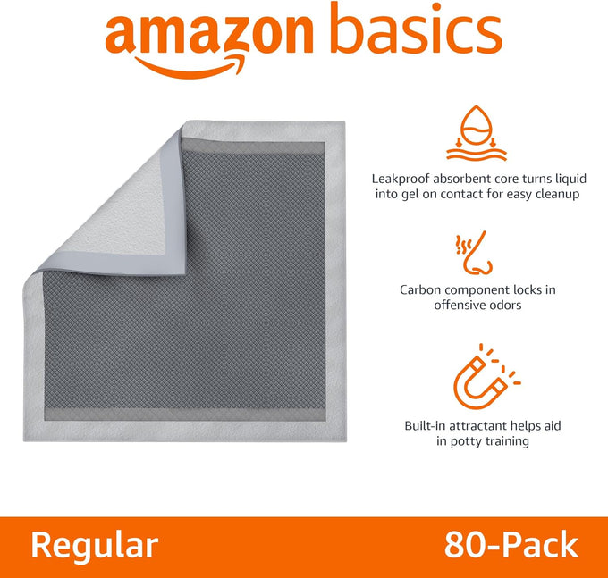 Amazon Basics 5-Layer Carbon Odor Control Dog Pee Pads, Regular Size, 22x22 Gray, 80 Count