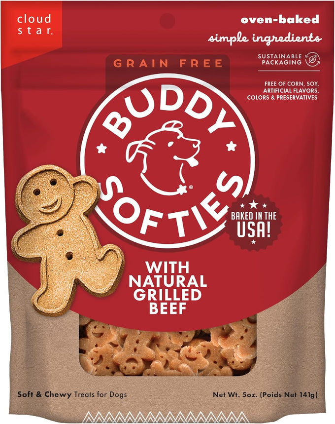 Buddy Biscuits Softies Grain-Free Beef Soft & Chewy Dog Treats, Bite-Sized for All Life Stages, Oven-Baked in USA, 5 oz. Pouch