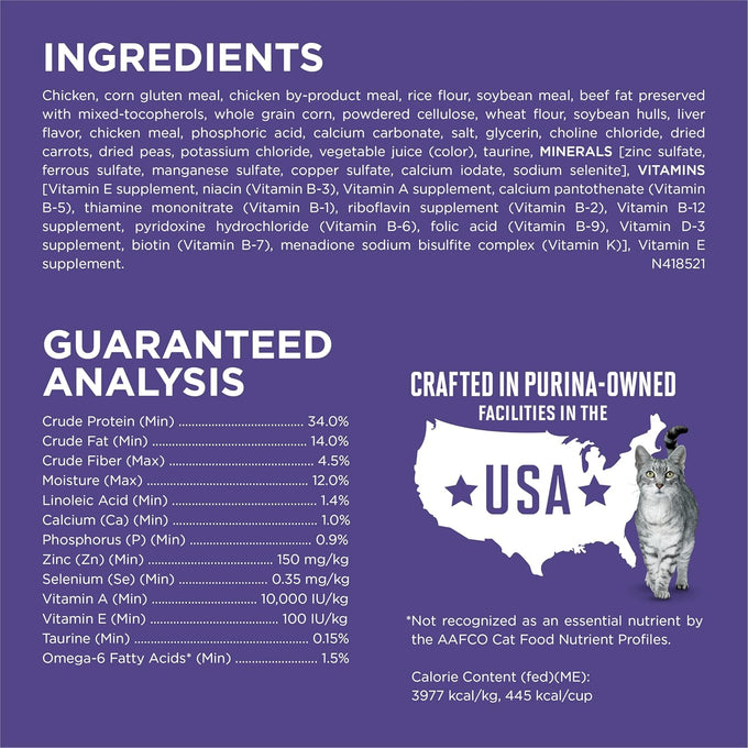 Natural adult dry cat food for hairball control with real chicken, high-protein recipe and crunchy kibble.