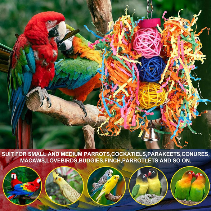 Colorful parrot toys set with bell, rope perch, and foraging toys for Conure, Cockatiel, Budgies, Lovebird