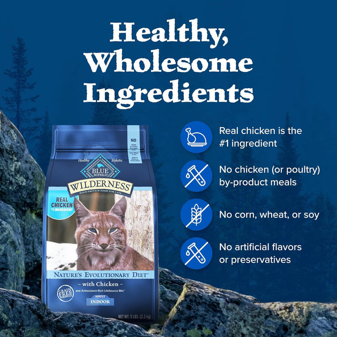 Blue Buffalo Wilderness natural adult dry cat food for indoor cats, high-protein, chicken, 5-lb bag