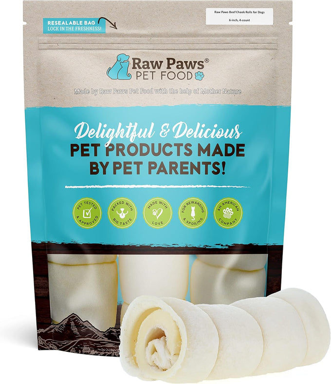 Raw Paws 6-inch free-range beef cheek rolls for dogs - 4 pack - no antibiotics or hormones - rawhide alternative