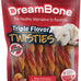 DreamBone triple flavor twisties, 25 count, rawhide-free, real beef, pork, and chicken