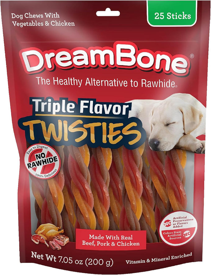DreamBone triple flavor twisties, 25 count, rawhide-free, real beef, pork, and chicken