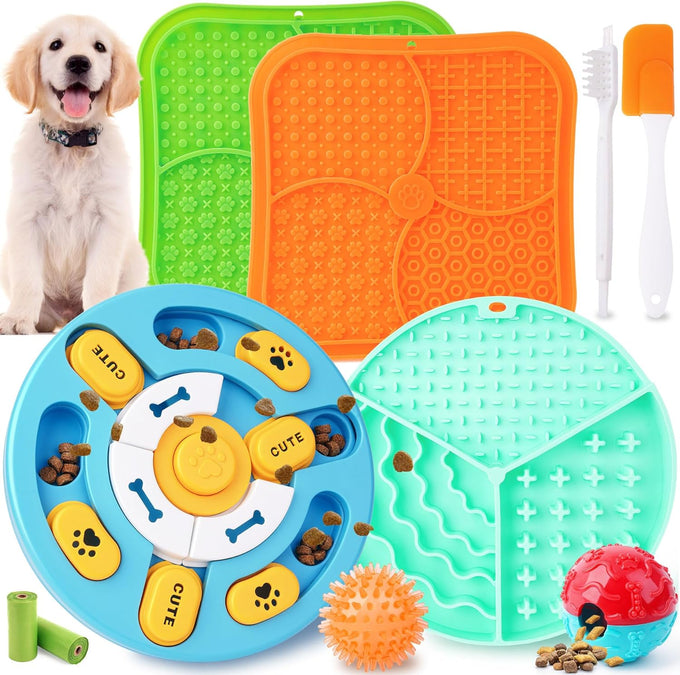 Forfon 9-pack dog puzzle toy set with lick mats, treat balls, and silicone spatula for small to medium smart dogs.