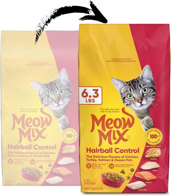Meow Mix Adult Cat Hairball Control Dry Food, 6.3 lb Bag, Chicken, Turkey, Salmon, Ocean Fish