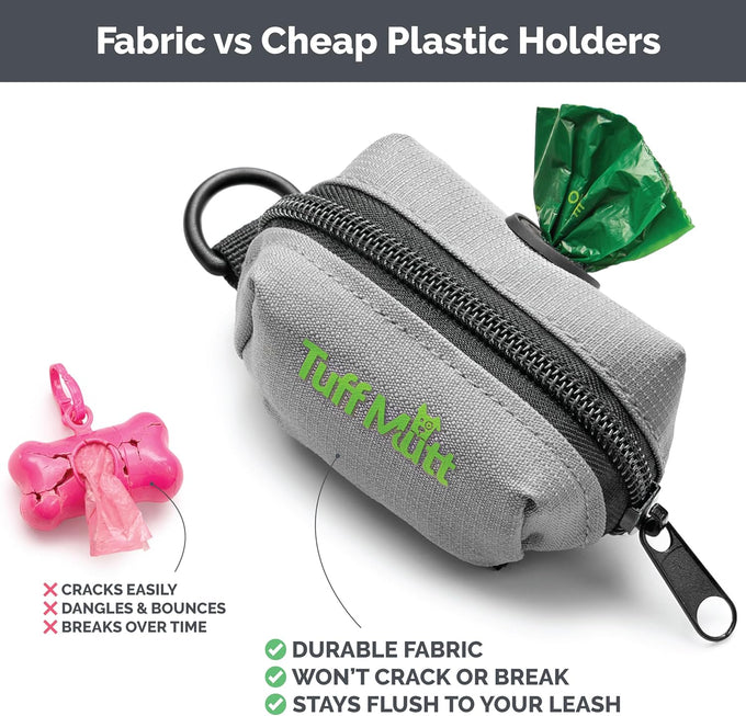 Tuff Mutt dog waste bag holder with velcro attachment - durable fabric dispenser for leashes - starter roll included