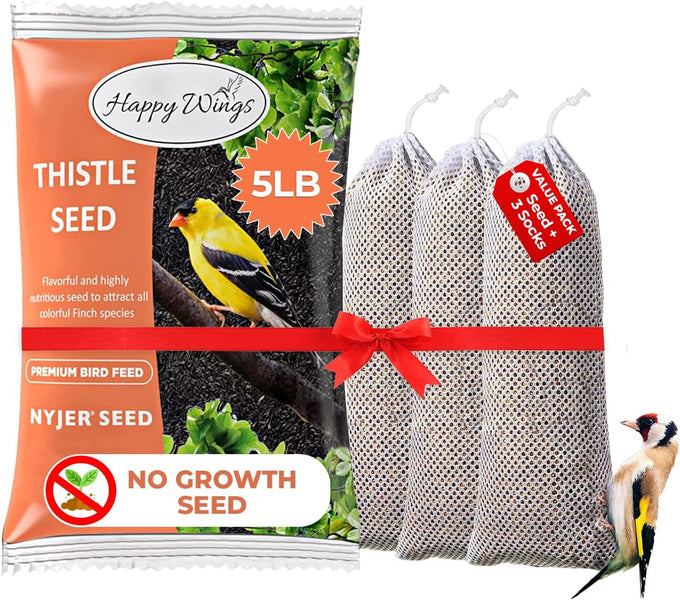 Happy Wings 5-pound Nyjer/Thistle Seeds with 3-pack Empty Sock Bird Feeders for Year-round Wild Bird Food Supply