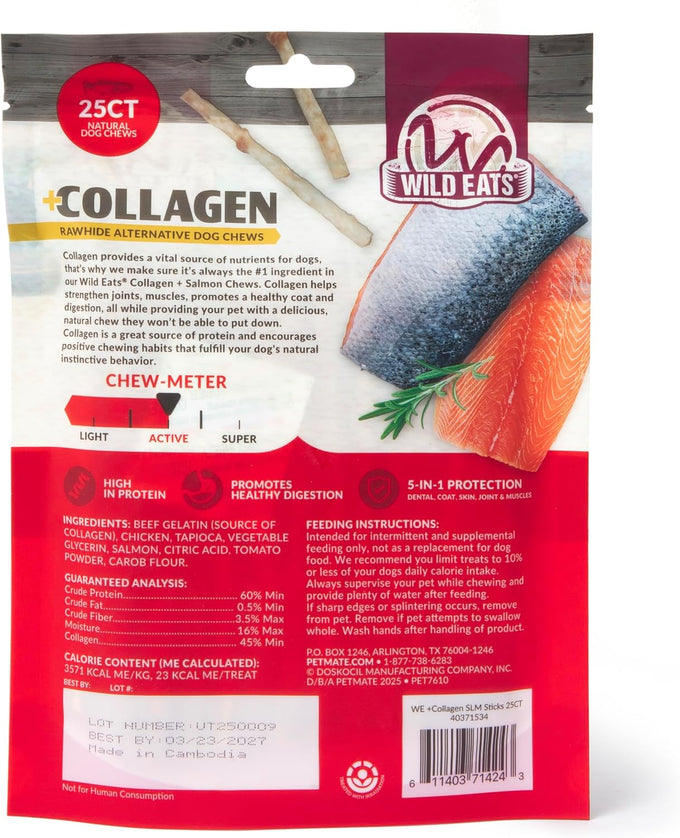 Wild Eats Collagen Real Salmon Bully Sticks for Dogs 25ct, Long Lasting Grain Free High Protein Dog Chews