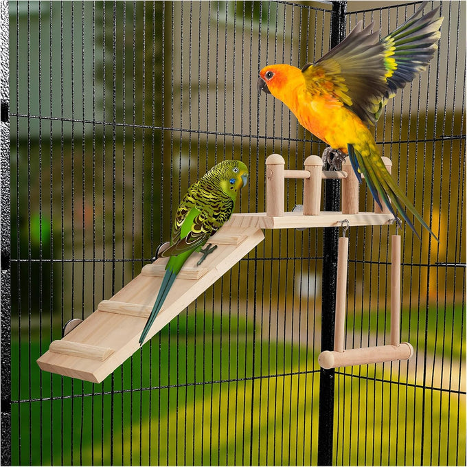 Wooden bird perches platform swing for small birds with climbing ladder, parakeet cage accessories