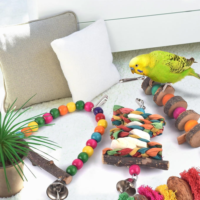 7-pack parakeet natural wood toys for small birds parrot hanging cage toy perch stand