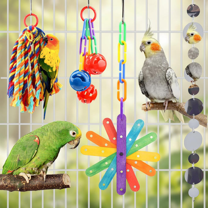 Quozuo small bird toys for parakeets, parrot, cockatiel, 4-piece bird cage accessories set
