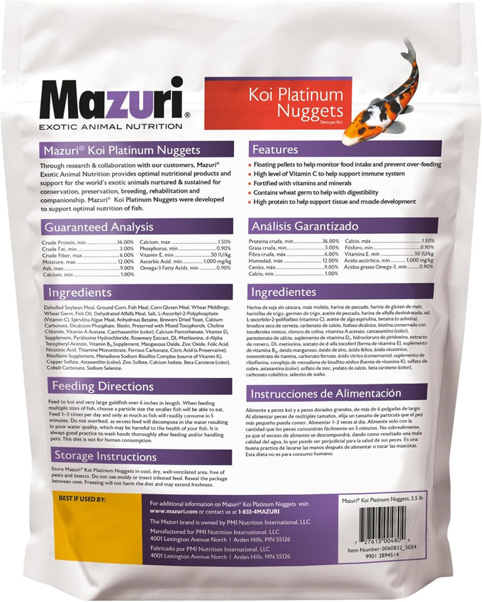 Mazuri Koi Platinum Nuggets 3.5 lbs koi food for fish, complete nutrition with vitamins and minerals