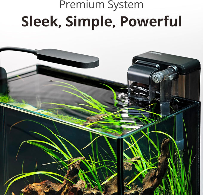 Nicrew 2.5 gallon nano aquarium kit, ultra-clear rimless desktop fish tank with light, filter, gravel, and rock, black complete version