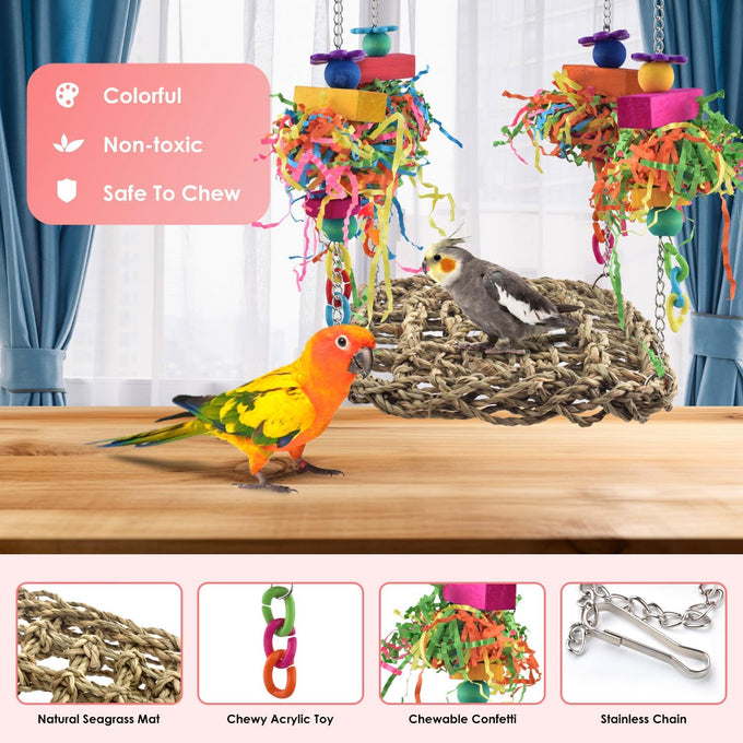katumo seagrass bird swing mat with stainless chains and colorful toys for small parrots