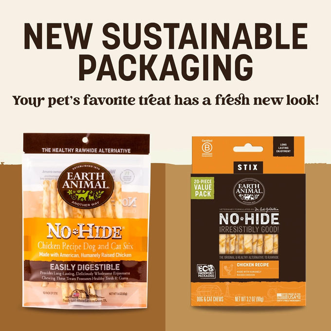 Earth Animal No Hide Stix for Small Dogs - 20 Count Value Pack, Rawhide Free, Chicken, All Natural Chew Sticks