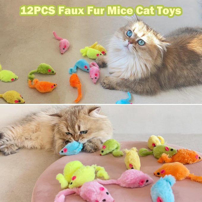 meohui 12pcs rattle cat mouse toys with faux fur, 2.36" mice body size, prefilled catnip for indoor cats play