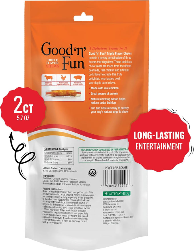 Good 'n' Fun Triple Flavor Chews for Large Dogs - Long-Lasting, Natural Beef Hide and Chicken, 2 Count