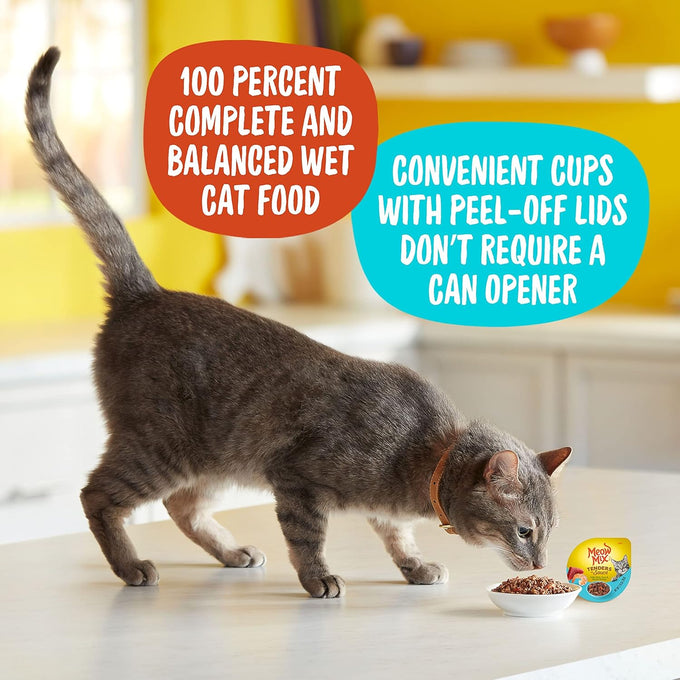 Meow Mix Tenders in Sauce tuna & shrimp 2.75 oz wet cat food, 12-pack cups with peel-off lids