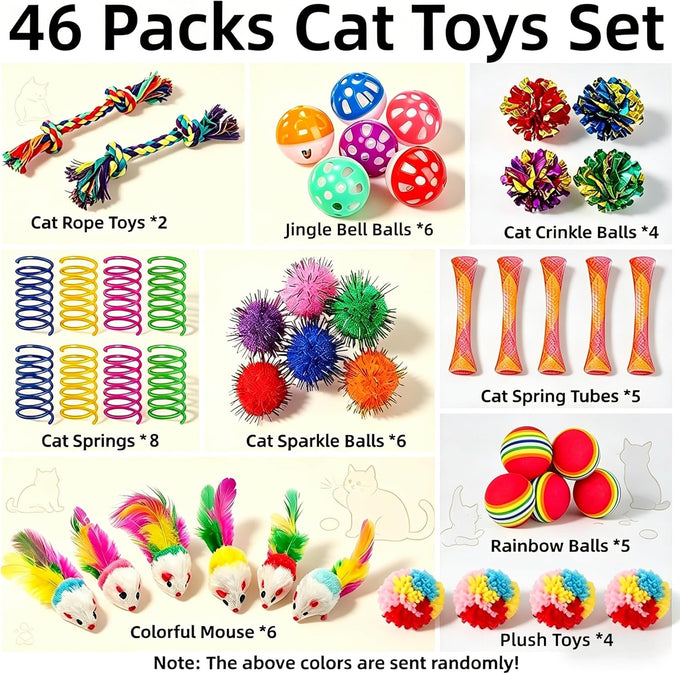 46 PCS cat toys for indoor cats kittens exercise, colorful spring toys crinkle mouse ball mint catnip gift