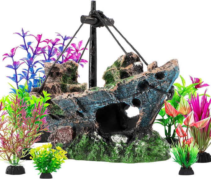 8Pcs Fish Tank Decorations Set - Sunken Ship, Resin Material, Aquarium Accessories for Freshwater or Saltwater Environments