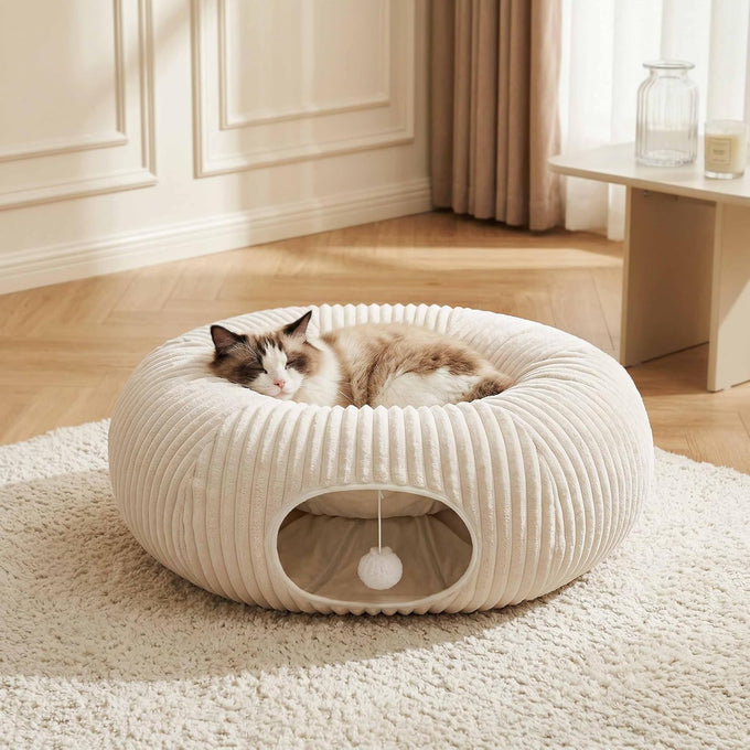 Cat tunnel bed with 40 interactive toys, collapsible play tunnel for indoor kittens, white