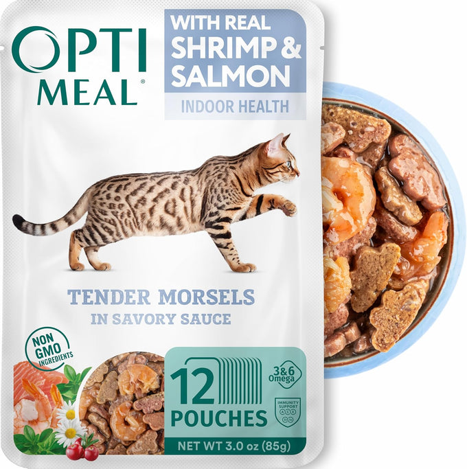 Optimeal grain-free shrimp & salmon wet cat food pouches, 3 oz, 12 pack, natural European ingredients, high protein, adult indoor cat food