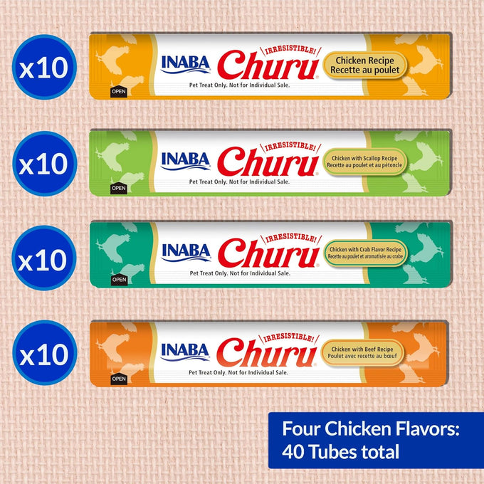INABA Chicken Variety Box Churu Cat Treats with Green Tea Extract & Taurine, 40 Tubes, 0.5 Ounces Each