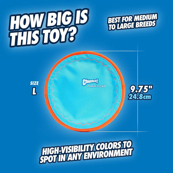 chuckit paraflight flying disc dog toy durable nylon water floating flyer for medium large dogs size large