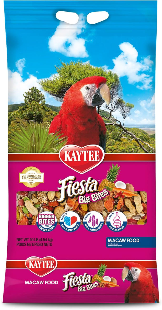 Kaytee Fiesta Big Bites macaw food nutritious fun blend supports skin feather digestion brain heart health 10 pounds large premium ingredients