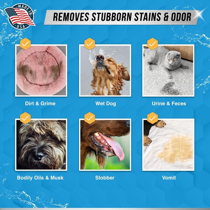 pet laundry detergent odor remover - active enzyme based powder for dogs beds, cat pee, and urine stains - 64 loads