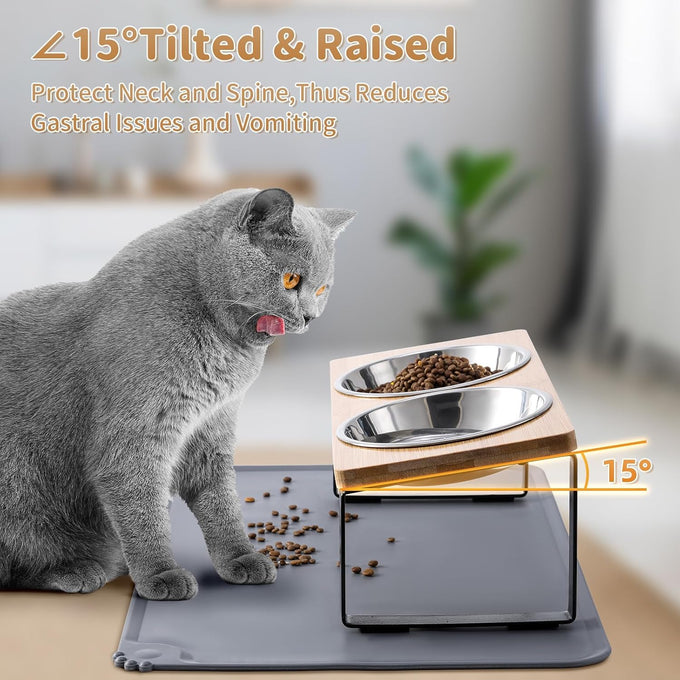 Upgraded 15°Tilted Stainless Steel Cat Bowls with Food Mat for Cats and Puppy