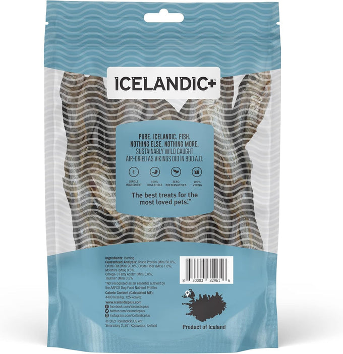Icelandic+ Whole Fish Herring Dog Treats: 3oz Bag, Pure Wild-Caught, Air-Dried. Single Ingredient Snack, Rich in Protein & Omega-3s for Healthy Skin & Coat.