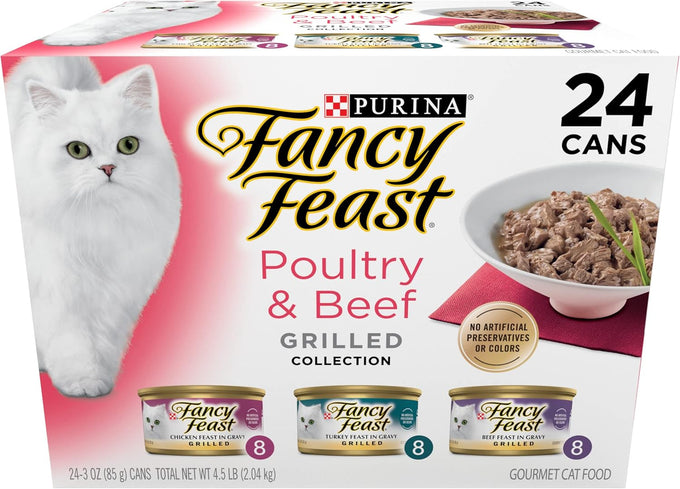 Purina fancy feast grilled wet cat food poultry and beef collection variety pack of 24 3 oz cans