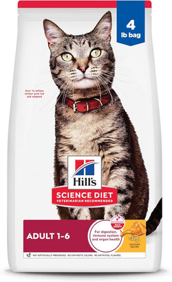 Hills science diet adult 1-6 dry cat food, chicken 4 lb bag, usa made, omega-6, vitamin e