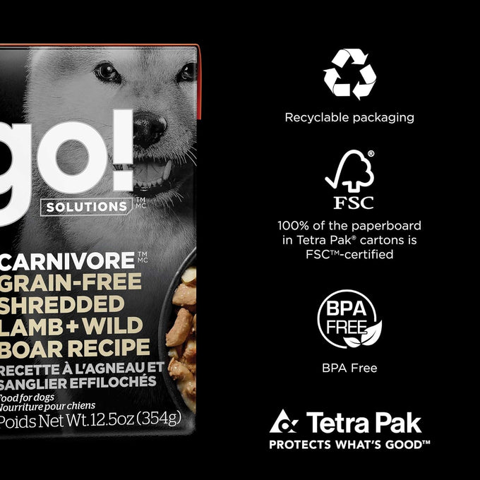 Go! Solutions Carnivore Grain-Free Shredded Lamb + Wild Boar Wet Dog Food