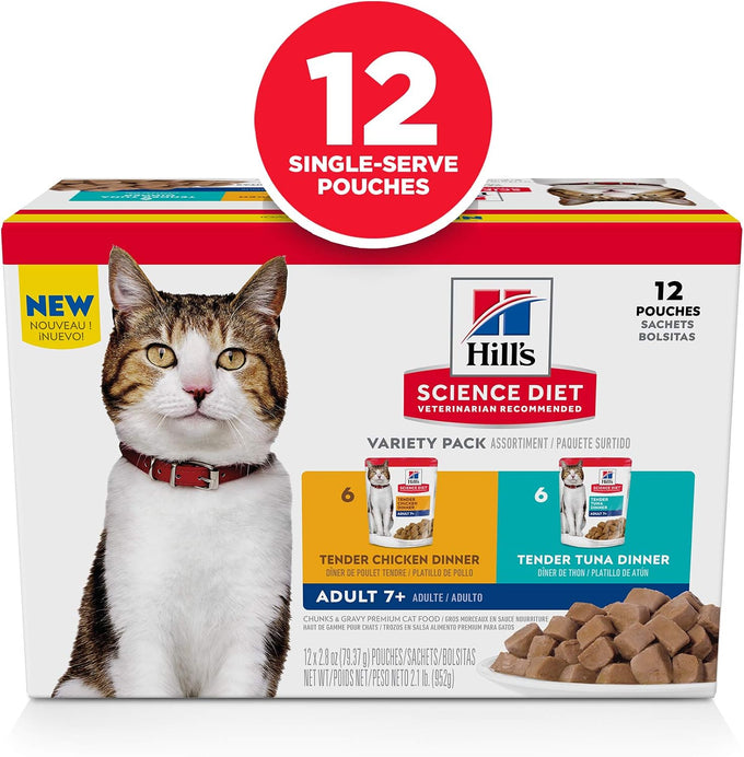 Hill's Science Diet Adult 7+ Wet Cat Food Variety Pack, Chicken & Tuna, 2.8 oz. Pouches, 12-Pack