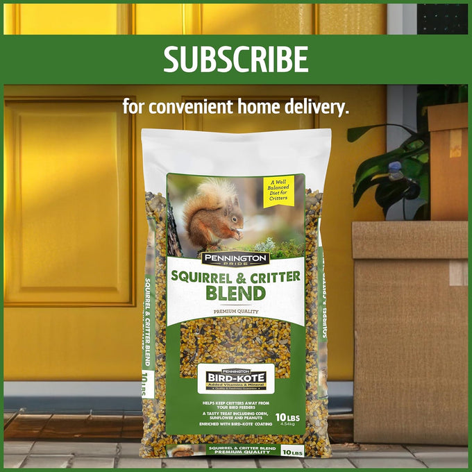 Pennington Pride Squirrel & Critter food attracts backyard wildlife with sunflower seeds and peanuts, 10-lb bag