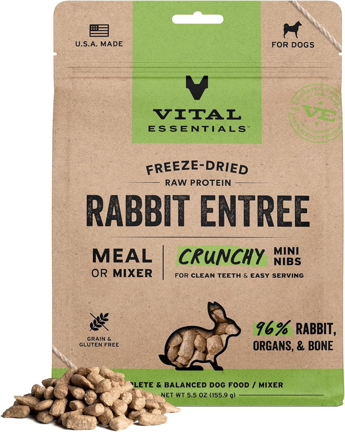 vital essentials raw rabbit crunchy freeze-dried dog food 5.5 oz bag, 96% rabbit, grain free dry dog food