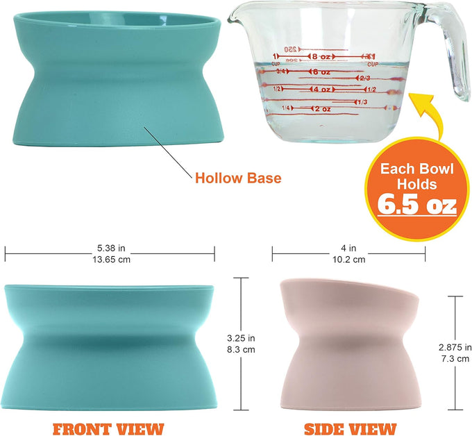 Kitty City elevated cat food & water bowls, set of 2, teal & light pink, 6.5 oz each, dishwasher safe, modern pedestal design