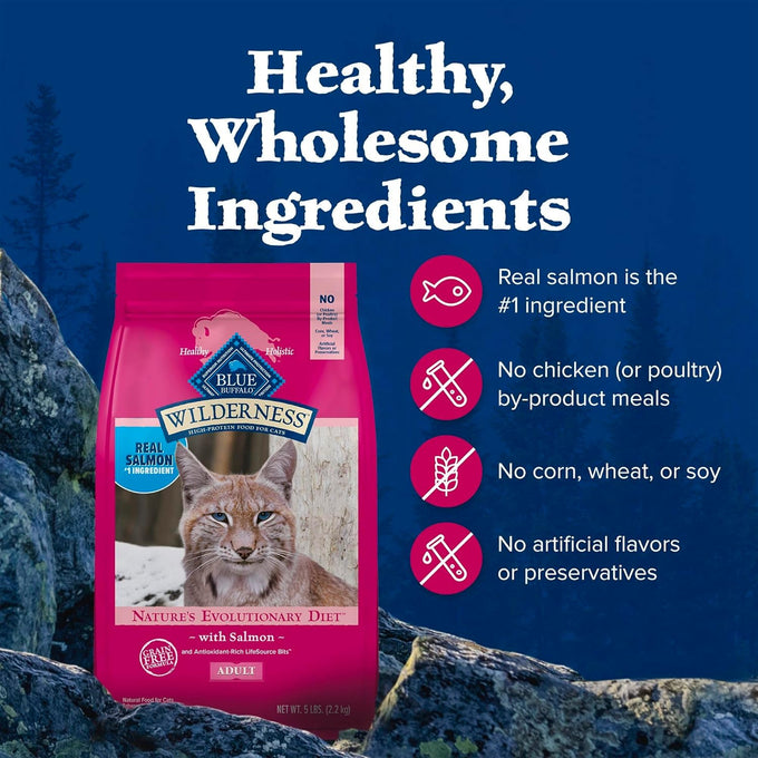 Blue Buffalo Wilderness Salmon Grain-Free Adult Dry Cat Food, 5-lb High-Protein Bag, Natural Ingredients
