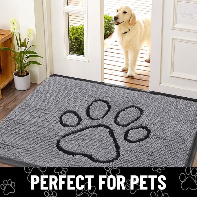 Smiry 30x20 inches chenille door mat for muddy paws with non-slip textured rubber base, grey and black