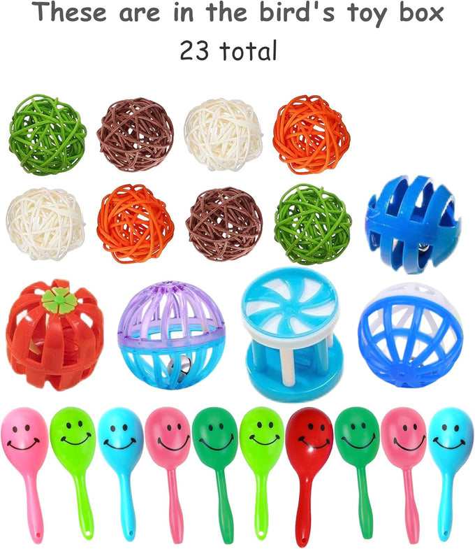 Parakeet and Parrot Bird Toys Set with Durable Bells and Vine Balls, Safe and Non-Toxic, 23-Piece Variety