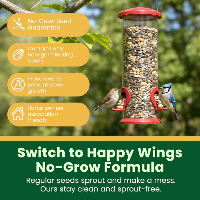 Happy Wings 5lb No Grow Songbird Bird Seed Mix with Sunflower, Safflower & Peanuts for Outside Feeders