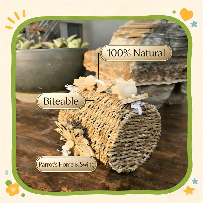 parrot woven grass nest swing set with tunnel, wooden chew toys, bird cage hanging play accessories for parakeet cockatiel