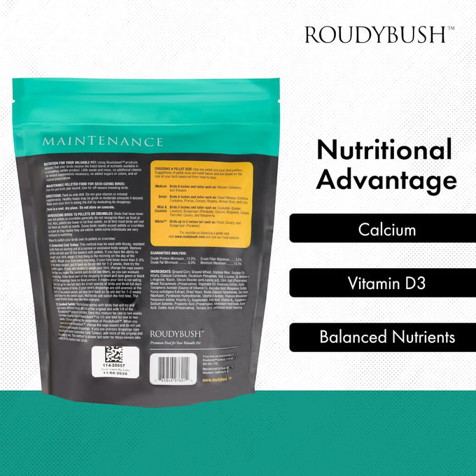 RoudyBush Daily Maintenance Food for Small Birds - Scientifically Formulated Pellets with Corn, Wheat, Soy, and More - 44oz